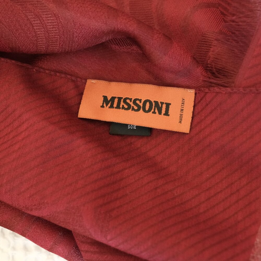 MISSONI Silk Wool Maroon Large Fringed Scarf - Picture 6 of 8